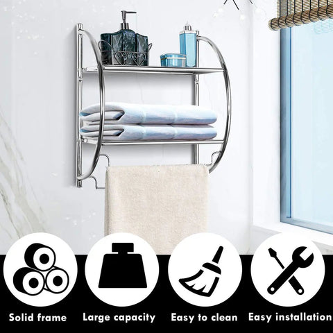 Wall Mount Two Tier Bathroom Shelf With Towel Bars Chrome Rustproof Finish 18 Inch Wide 22 Inch High Space Saving Bathroom Organizer