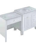 Top Shelf Carrara White Marble Bathroom Vanity With A Sleek Single Sink Setup And Rock Solid Wood Cabinet Featuring Brushed Nickel Knobs For That Go To 67 Inch Clean Slick Vibe side view with open drawer.