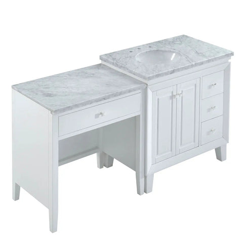 Top Shelf Carrara White Marble Bathroom Vanity With A Sleek Single Sink Setup And Rock Solid Wood Cabinet Featuring Brushed Nickel Knobs For That Go To 67 Inch Clean Slick Vibe side view with open drawer.