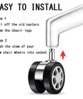 Installation steps for Heavy Duty Office Chair Caster Wheels 2.5 Inch Polyurethane Swivel Rollers on a chair leg.