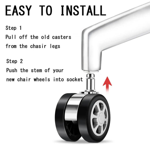 Installation steps for Heavy Duty Office Chair Caster Wheels 2.5 Inch Polyurethane Swivel Rollers on a chair leg.
