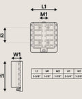 Diagram showing dimensions L1, M1, M2, H1, and W1 for Rock Solid 100 Amp 10 Way Atc Ato Blade Fuse Block.