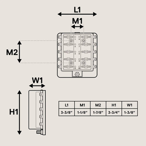 Diagram showing dimensions L1, M1, M2, H1, and W1 for Rock Solid 100 Amp 10 Way Atc Ato Blade Fuse Block.