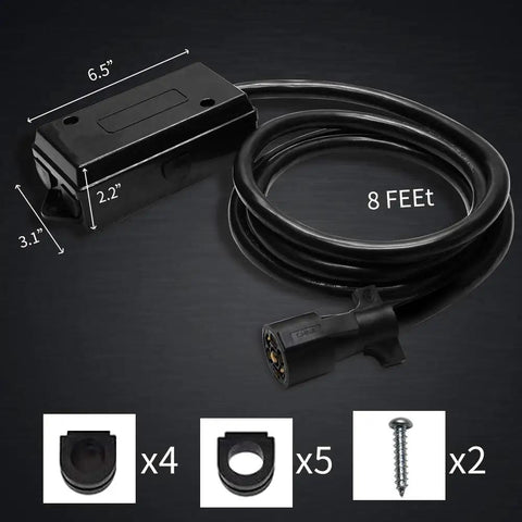 Heavy Duty 7 Way Trailer Plug 8 Foot Inline Trailer Cord With Weatherproof Wiring Harness Junction Box for trucks and campers.