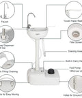 Super Heavy Duty Portable Foot Pump Wash Station With Smooth Rollin Base And No Fuss Soap Tray Plus Sturdy Hanging Rack Made For Outdoor Work Sites Rv Camps And Backyards with faucet, soap dispenser, and drain hose.