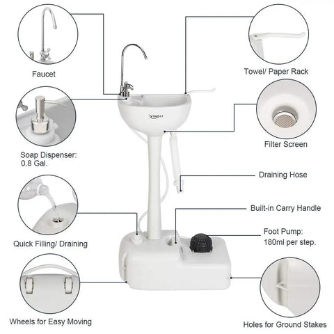 Super Heavy Duty Portable Foot Pump Wash Station With Smooth Rollin Base And No Fuss Soap Tray Plus Sturdy Hanging Rack Made For Outdoor Work Sites Rv Camps And Backyards with faucet, soap dispenser, and drain hose.