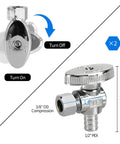 Solid As A Rock 2 Pack Quarter Turn Angle Stop Valves For Sink And Faucet Lines Premium Chrome Plated Brass No Sweat Swapping Plumbing Hardware, showing turn off and turn on positions.