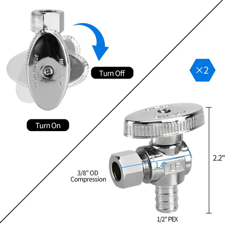 Solid As A Rock 2 Pack Quarter Turn Angle Stop Valves For Sink And Faucet Lines Premium Chrome Plated Brass No Sweat Swapping Plumbing Hardware, showing turn off and turn on positions.