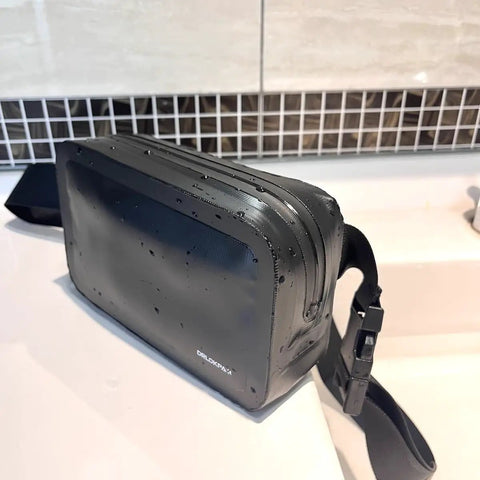 Floating Waterproof Fanny Pack Waist Pouch For Phone Wallet Keys Passport Cards Up To 1.5m Submersion in black with water droplets