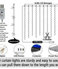 Diagram of 9.8 By 9.8 Feet 300 LED Curtain Lights With USB Plug, Waterproof IP44 Fairy String Lights, modes and dimensions shown.