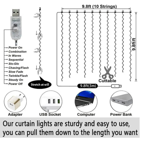 Diagram of 9.8 By 9.8 Feet 300 LED Curtain Lights With USB Plug, Waterproof IP44 Fairy String Lights, modes and dimensions shown.