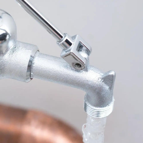 Close-up of Commercial Utility Sink Faucet With Hose Thread Spout And Pail Hook, Built To Last Brass Construction, Rough Chrome Finish