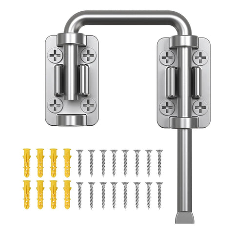 Beefy Heavy Duty 2.36 Inch Stainless Steel U Bolt Door Lock For Sliding Doors Barn Doors Windows Gates Sheds Or Fences With 90 Degree And 180 Degree Install Rust Resistant Patio Latch shown with installation hardware.