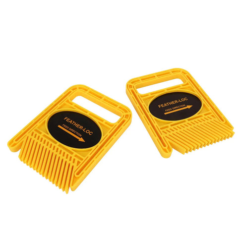 Rock Solid Extended Table Saw Featherboard Set Of 2 Hella Secure Steady Pressure Holder For Flawless Woodworking Cuts And Seamless Band Saw Feeding In Bright Yellow Finish, two yellow featherboards for precise woodworking.