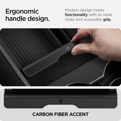 Hand installing Center Console Organizer for Tesla Model Y 2021 2024 and Model 3 2021 2023, durable PC tray, carbon fiber accent