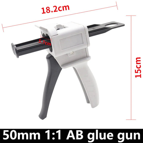 One To One Glue Gun For Epoxy Resin 50ml, DIY Friendly Manual Dispenser Kit showing dimensions and design features.