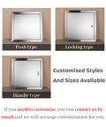 Rock Solid Stainless Steel Access Panel Door With Rugged Handles For Drywall Inspection And Hvac Plumbing Service Shaft Covers 39 Inch Square Hole options include push, locking, and handle types.