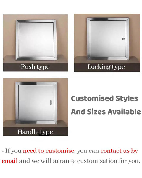 Real Thick Stainless Steel Access Panel Door With Tough Grippy Handles Straight Up Heavy Duty Drywall Inspection Cover For Electrical Systems showcasing push, locking, and handle types.