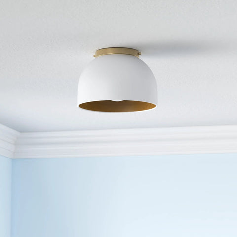 Dome Style 1 Light Flush Mount Ceiling Light in Studio White Finish with White Glass Shade Included 11.25 Inch Wide by 8 Inch High Room Ready Modern Home Lighting For Hallway Kitchen Living Room