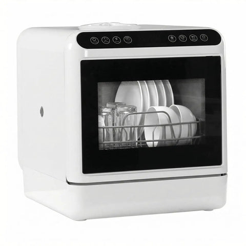 Countertop Dishwasher With Six Liter Tank And Dual Rotation Spray No Hookup Needed Plug And Play Setup Auto Air Dry Plus High Heat Sterilization with plates and glasses inside.