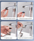 Heavy Duty Brass Faucet Extender With Dual Spray Modes And Slick 1080 Degree Swivel Action installation steps showing connector removal and washer installation.