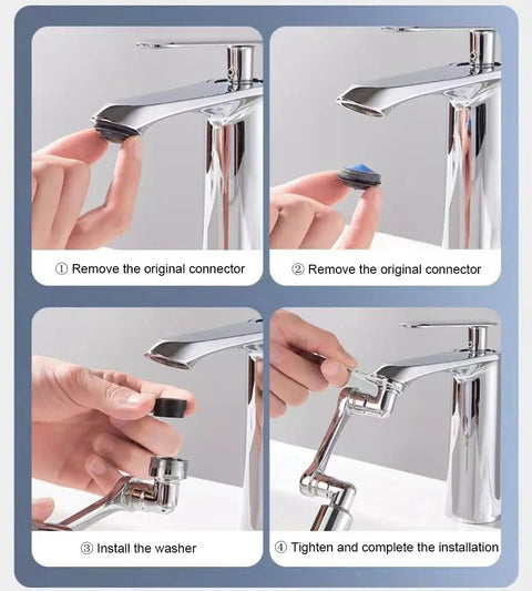 Heavy Duty Brass Faucet Extender With Dual Spray Modes And Slick 1080 Degree Swivel Action installation steps showing connector removal and washer installation.