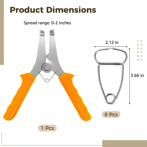 Premium Spring Clamp Spreader Tool Kit with 8 Stainless Steel Miter Clamps For Heavy Duty Woodworking DIY Jobs One Hand Operation Expands Two Inches Fast Easy Adjustments Perfect For Frame Building And Precise Fitting Tasks. Product dimensions shown: 0-2 in spread range, 1 and 8 pcs