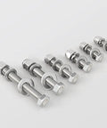 Nine stainless steel 1/4-20 hex bolts with flat and lock washers and nuts, fully threaded, assorted lengths.