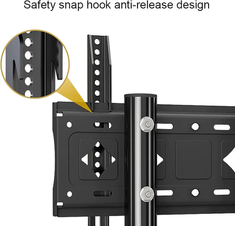 Straight Up Solid Rolling TV Cart With Height Adjustable Monitor Arms And Heavy Duty Mobile Entertainment Stand On Smooth Glide Casters, safety snap hook design close-up.