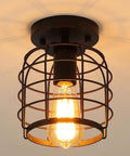 Industrial Vintage Flush Mount Ceiling Light With Metal Cage Pendant, Black Finish, E26 Base, UL Listed, Semi Flush Mount Fixture