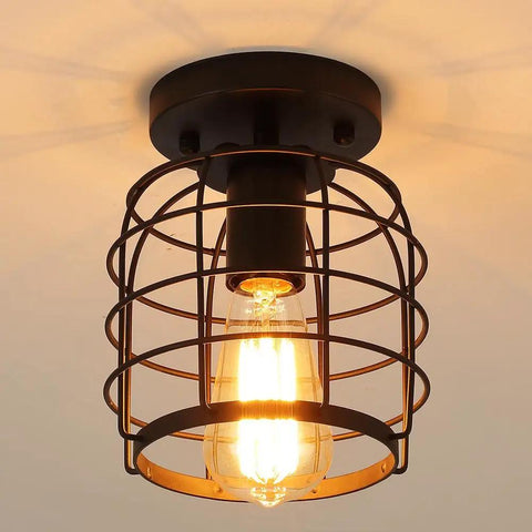 Industrial Vintage Flush Mount Ceiling Light With Metal Cage Pendant, Black Finish, E26 Base, UL Listed, Semi Flush Mount Fixture