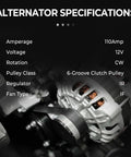 Close-up of 2.5L Alternator Replacement For Nissan Altima 2007 To 2012, Sentra 2007 To 2012, Rogue 2011 To 2013, with specs overlay