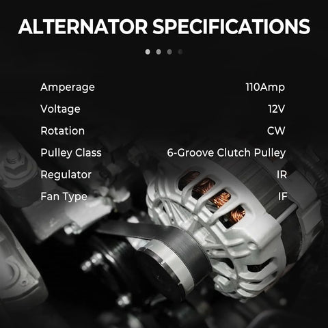 Close-up of 2.5L Alternator Replacement For Nissan Altima 2007 To 2012, Sentra 2007 To 2012, Rogue 2011 To 2013, with specs overlay