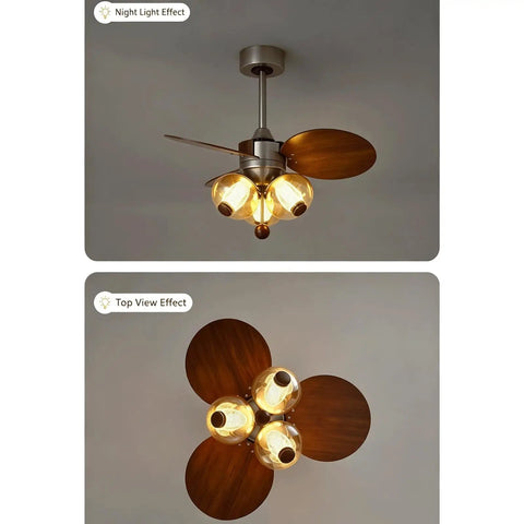 YPDJVLTI Ceiling Fans Lights Children's LED Fandelier showing night light effect with a sleek design and glass lampshade.