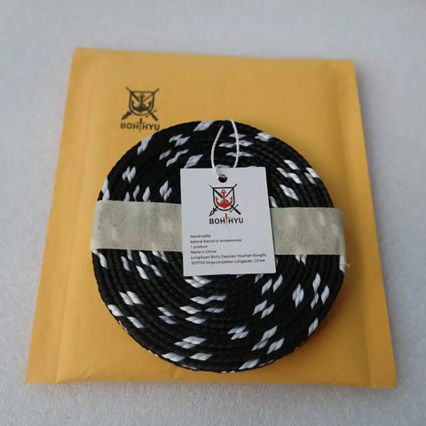 Durable Sageo Wrapping Cord For Katana Wakizashi Tanto Dope Black And White Synthetic Silk Hanging Cord 300 Centimeters Long 118 Inches For DIY Sword Wrapping And Display coiled on packaging