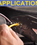 Blue Marine Grade Heat Shrink Ring Terminals being crimped onto a wire with pliers, illustrating application process.
