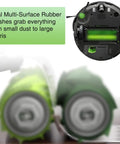 Beefed Up Replacement Parts Kit For E I And J Series Robot Vacuums with dual multi-surface rubber brushes close-up and vacuum top view