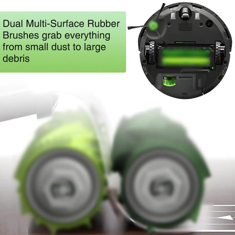 Beefed Up Replacement Parts Kit For E I And J Series Robot Vacuums with dual multi-surface rubber brushes close-up and vacuum top view