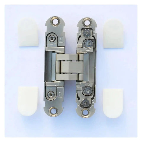 Concealed Cabinet Door Hinge Set For Cupboards, Dope Soft-Close Hardware with metal construction and white covers on white background