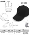 Size chart for lightweight adjustable cotton dad hat for men with relaxed fit and breathable summer cap for everyday wear.