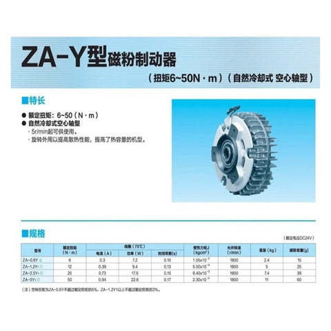 ZA-1.2Y1 Magnetic Powder Brake Hollow Shaft Type with specifications and product overview in Chinese.