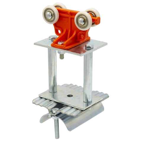 Prowinch heavy-duty flat cable festoon trolley with orange roller block mounted on metal mounting plate (front view).