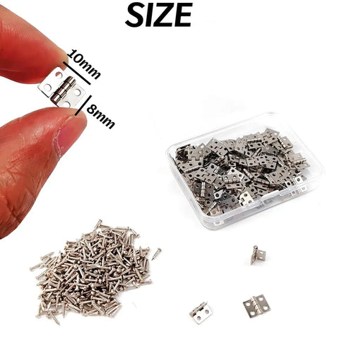 Rock Solid 100 Piece Mini Metal Hinges 10 X 8mm 180 Degree Smooth Swinging Hardware for Jewelry Chests with screws shown.