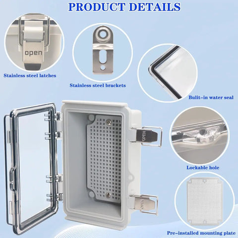 Weatherproof IP67 Electrical Junction Box With Mounting Plate 15 x 11 x 5.1 Inches detailing latches, seal, and bracket features