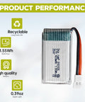 Close-up of Six Pack 3.7V 420mAh 25C LiPo Batteries with highlighted features, including recyclability and light weight