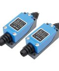 Plunger Momentary Limit Switch ME8111 1NC 1NO 2 Pack Industrial Grade Switch, blue casing, side view, for automation in harsh settings.