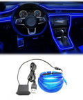 Interior Car LED Strip Lights 16.5Ft USB Neon EL Wire With 6mm Sewing Edge Blue Ambient Lighting Kit in vehicle and coiled