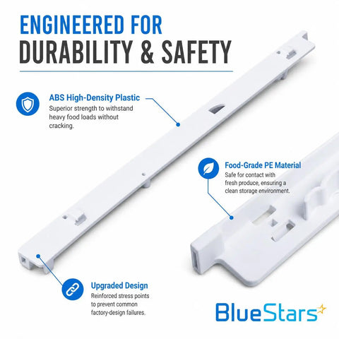 Close-up of Left And Right Refrigerator Drawer Slide Rails Replacement Kit For Kenmore And Frigidaire, white plastic rails with labels.