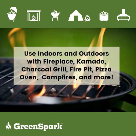 Natural All Weather Fire Starters For Grill, Fire Pit, Campfire And Pizza Oven text overlay on grill flame
