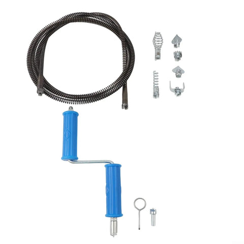 Heavy Duty Steel Drain Snake Flexible Auger Cord Three Meter Spiral Rig With Six Swappable Cutting Heads components layout including handle and tools.
